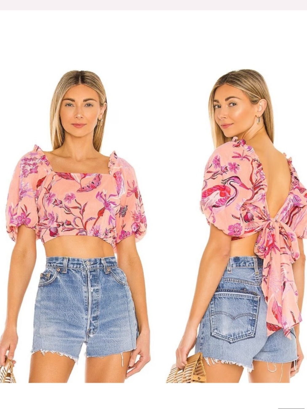 Banjanan Pink Floral Puff-Sleeve Tie-Back Crop Top